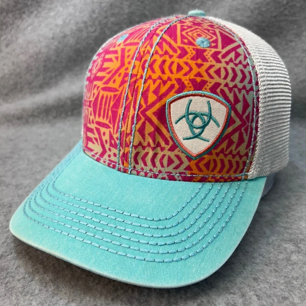 Ariat Aztec Shield Logo Womens turquoise Pink Trucker Hat Snapback Mesh Cap OSFM